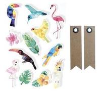 12 stickers 3D Oiseaux tropicaux 6 cm + 20 étiquettes kraft Fanion Multicolore G
