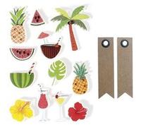 12 stickers 3D Tropical 5,5 cm + 20 étiquettes kraft Fanion Multicolore