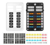 12 Voies Boîte Fusibles12V, Porte Fusible Voiture, Boîte Fusibles Voiture 12 voies avec 24pcs fusibles et Indicateur LED Couverture de Protection pour 12V/24V Voiture, Bateau, Fourgonnette, SUV