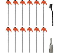 12 X Camping Screw On Tent Pegs With Threaded Adapter And Metal Brush For Camping,Orange