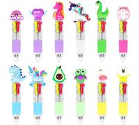 12 X Colourful Animal Pens For Children, 4 In 1 Cute Retractable Ballpoint Pen - Party Gadget Birthday Children School Gift Material (Multi-Colour)