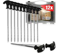 12 X Steel Tent Pegs-Heavy Duty Ground Pegs With Thread In Carry Box For Camping And Outdoors-Ideal For Normal And Hard Ground With T-Handle