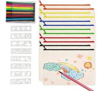 12 X Zipped Fabric Pouches, Colouring Case, Canvas Bag With Coloured Zip, Comes With 12 Coloured Pencils And Drawing Templates, Suitable For Children's Birthdays, Schools, Weddings, White, Travel
