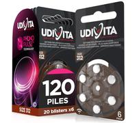 120 Batteries Auditives Udivita Taille 312 PR41 Technologie Phono Pulse à Longue durée - 20 Blisters de 6 Piles