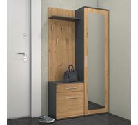 120 cm de large Garde-robe compacte Fiora 3 pcs. Ensemble vestiaire Panneau Armoire à chaussures incl. miroir, couleur : anthracite + Artisan