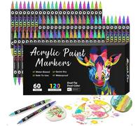 120 Couleurs Feutre Acrylique Double Pointe, 60Pcs Feutres Coloriage Adulte,Stylos Acryliques Pointe Pinceau pour Bois Toile Verre