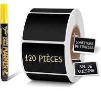 120 Étiquettes Ardoise Autocollantes pour Bocaux, Étanche et Réutilisable, Stickers Noirs 3.5x5.5cm pour Épices, Confiture et Cuisine, 1 Marqueur Craie Jaune Inclus