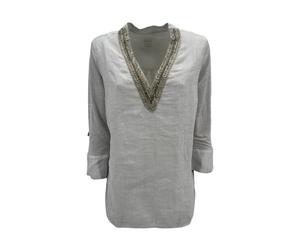 120% Lino, Femme, Blouses et Chemises, Blanc, Taille: 38 FR Blouse en lin perle avec perles