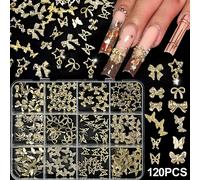 120 pièces/boîte 3D or arc papillon ongles breloques en métal brillant mignon noeud papillon/diamant étoile ongles bijoux 120 luxe Nail Art fournitures # RE4 1box mix