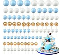 120 Pièces Boules de Décoration de Gâteau,BetterJonny Mini Topper de Gâteau de Ballon Balle Gâteau Topper pour Fête d'anniversaire Décoration de Gâteau d'Anniversaire（Or/Blanc/Bleu）