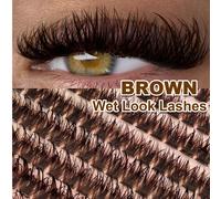 120 pièces de faux cils en grappe 120D à l'aspect mouillé brun, courbure D, créent un maquillage dramatique, essentiels pour les voyages et le maquillage quotidien Fibre synthétique