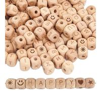 120 Pièces Perles Lettres Naturel Perles en Boiss A à Z avec Trous Lettres en Bois pour Bracelets DIY, Bijoux et Bricolage Lettres Scrabble Bois Inclut Étoiles et Cœurs et soleil et Smileys (12mm)