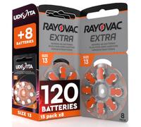 120 Piles Auditives 13 Rayovac pour Appareils Auditifs + 8 Piles Udivita