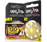 120 Piles Auditives Taille 10 Udivita PR70 (Jaune) avec Technologie Phono Pulse Zinc-Air Hearing Evolution - 15 Blisters de 8 Piles