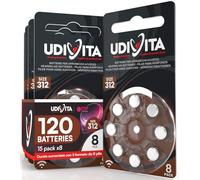 120 Piles Auditives Taille 312 Udivita PR41 (Marron) Zinc-Air Hearing Evolution avec Technologie Phono Pulse - 15 Blisters de 8 Piles