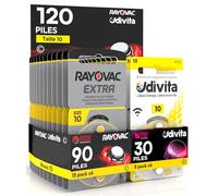 120 Piles Taille 10 pour Les Aides auditives PR70 (Jaune - Zinc Air) avec la Technologie Phono Pulse pour amplificateur auditif - 120 Piles: 30 Udivita + 90 Rayovac