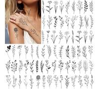 120 styles de tatouages temporaires noirs de minuscules fleurs de branches pour les femmes et les filles, petites fleurs réalistes faux tatouages temporaires pour les adultes sur le corps, les mains