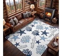 120 x 170 cm Tapis, Tapis Lavable en Machine, Bord de Mer Classique Transitionnel Étoiles de mer Corail Bois flotté Bleu, à Poils Courts, Antidérapant et Doux, pour Couloir Descente de Lit Bureau