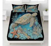 120 x 190 x 30 Drap-Housse Tortue de mer Corail Étoile de mer Coquille Coins Élastiqués Drap Housse Hyperréaliste Magique Doux Respirant Nautique Carte Vintage Drap de lit pour Adultes & Femmes Noir