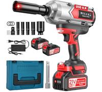 1200 N.m hocs sans fil, 21V Cle a choc professionnel avec 1000 W Moteur sans balais, 2 x 4,0 Ah Batteries, 5 Douilles, 1 Convertisseur 1/2" x 3/4", 1 Extension, pour Voiture et Camionnette