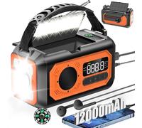 12000mAh AM/FM Radio Solaire avec Manivelle, 2 Panneaux Solaires, Câble USB,3 Méthodes de Chargement,Alarme SOS,Lampe de Poche,Chargeur de Téléphone, Boussole,Prise pour Casque D'écoute