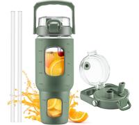 1200ml Bouteille D'eau En Verre Avec Paille Et Couvercle Gourde De Motivation Avec Marqueur De Temps Et Poignée Sans Bpa Anti-Fuite Pour Auto Gym Extérieur,Olivier
