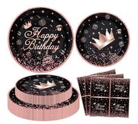 120Pcs Décoration de fête noir et or rose Fournitures de fête or rose et noir Fournitures de fête d'anniversaire or rose et noir Service de vaisselle or rose noir - assiette, serviette de table