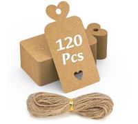 120PCS Étiquettes Cadeaux 5x10CM Papier Kraft Vides avec Corde & 30M Jute Naturel DIY pour Cadeaux de Mariage, Présents, Brunes, Prix, Étiquettes avec Corde,forme en cœur