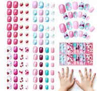 120Pcs Faux Ongles Enfant Fille, Press on Nails Kit Stick Sur les Ongles Couverture Complète Presse Courte sur les Ongle pour les Enfants Jolie Décoration D'art des Ongle de Cadeaux (Fraise, Coloré)