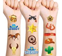 120pcs Glitter Gold Cowboy Tatouages Temporaires Western Foil Cheval Rodeo Yeehaw Chapeaux Bottes Visage Faux Tatouages, Garçons Cowboy Artisanat Western Party Tatouages Cheval Autocollant