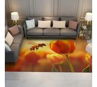 120x170cm Tapis Abeille Tulipe Rouge Fleurs Douces Lavable Antidérapant | Tapis coloré à poils faibles en floraison de tulipes Spring Garden Tapis intérieur doux pour cuisine et salle à manger