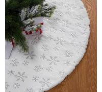 122cm Jupe de Sapin de Noël Blanche, Tapis De Sol Rond Et Doux avec Argent Flocons De Neige pour Sapin De NoëL, Dessous De Sapin Doux Flocons De Neige