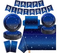 123 Pcs Galaxie de l'espace Fournitures de fête Set de table pour la nuit étoilée Système solaire de l'espace extra-atmosphérique Assiettes Serviettes Nappes Bannière d'anniversaire pour 40 personnes