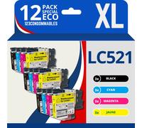 123CONSOMMABLES - LC521 - Pack de 12 Cartouches Encre Compatible avec Brother LC-521 pour Brother DCP-J1260W, DCP-J1310DW, DCP-J1313DW, DCP-J1360DW, DCP-J1460DW