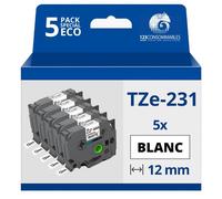 Pack de 5 Rubans adhésifs compatible avec Brother TZe-231- Texte noir sur fond blanc - Largeur 12 mm x 8 mètres
