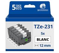123CONSOMMABLES - Pack de 5 Rubans adhésifs compatible avec Brother TZe-231- Texte noir sur fond blanc - Largeur 12 mm x 8 mètres