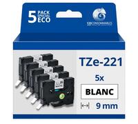 123CONSOMMABLES - Pack de 5 Rubans avec Brother TZe221 - Texte noir sur fond blanc - Largeur 9 mm x 8 mètres