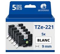 123CONSOMMABLES - Pack de 5 Rubans compatible avec Brother TZe221 - Texte noir sur fond blanc - Largeur 9 mm x 8 mètres