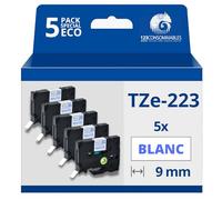 123CONSOMMABLES - Pack de 5 Rubans compatible avec Brother TZe223 - Texte bleu sur fond blanc - Largeur 9 mm x 8 mètres