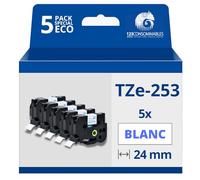 123CONSOMMABLES - Pack de 5 Rubans compatible avec Brother TZe253- Texte bleu sur fond blanc - Largeur 24 mm x 8 mètres