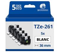 123CONSOMMABLES - Pack de 5 Rubans compatible avec Brother TZe261- Texte noir sur fond blanc - Largeur 36 mm x 8 mètres