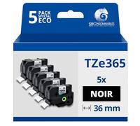 123CONSOMMABLES - Pack de 5 Rubans compatible avec Brother TZe365- Texte blanc sur fond noir - Largeur 36 mm x 8 mètres