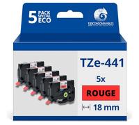 123CONSOMMABLES - Pack de 5 Rubans compatible avec Brother TZe441 - Texte noir sur fond rouge - Largeur 18 mm x 8 mètres