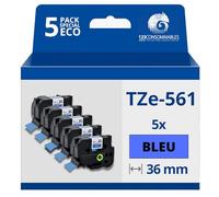 123CONSOMMABLES - Pack de 5 Rubans compatible avec Brother TZe561- Texte noir sur fond bleu - Largeur 36 mm x 8 mètres