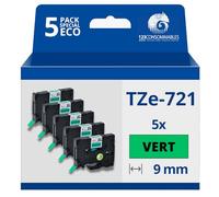 123CONSOMMABLES - Pack de 5 Rubans compatible avec Brother TZe721- Texte noir sur fond vert - Largeur 9 mm x 8 mètres