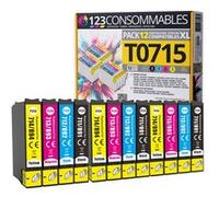123CONSOMMABLES - T0715-12 Cartouches E711-E712-E713-E714 Compatible pour Epson T0715 - Compatible avec Epson Stylus SX218 SX400 SX510W SX515W DX7450 DX8450 (3 Noir / 3 Cyan / 3 Magenta / 3 Jaune) Pac