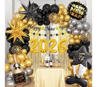 124 Pièces Ballon Nouvel an 2026, Decoration Nouvel an 2026 Inclure Noir Or Ballons, Happy New Year Bannières, Foil Ballons Or Bordure, Ballon 2026 pour Deco Jour de l'an 2026.