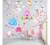 124 Pièces Stickers Muraux de Princesse Licorne Stickers Muraux de Château Fée Arc-en-Ciel Autocollants Princesse Amovibles Décoration de Fête de Princesse pour Chambre Filles Enfants Bébé