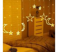 126 LED Rideau de lumières de corde d'étoile et de lune Rama, 118 pouces Alimenté par batterie Twinkle Star Moon Fairy Lights, Bohème Dazzle Bright Window String LED Lights, 2 modes d'éclairage, pour