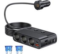127 W 3 Socket Cigarette Lighter Socket Adapter/USB QC 3.0/PD/Dual USB,12V/24V Car Cigarette Lighter Socket with Individual Switch and LED Voltmeter